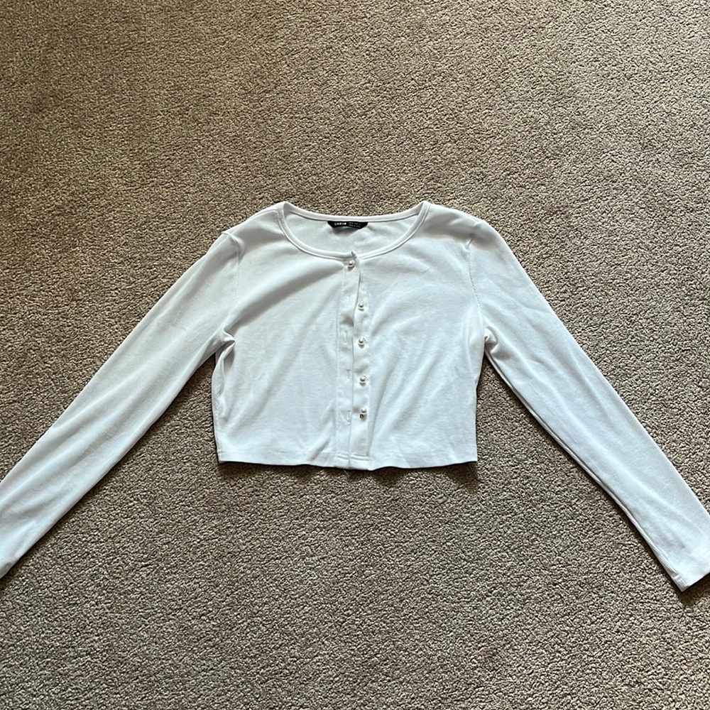 Shein white cardigan with pearl button details